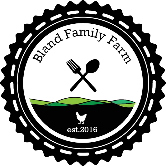 Logo for Bland Family Farm with crossed fork and spoon, landscape, and chicken icon.