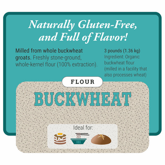Buckwheat flour package with text about gluten-free and flavor properties on a teal background.
