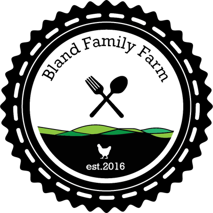 Logo for Bland Family Farm with crossed fork and spoon, landscape, and chicken icon.