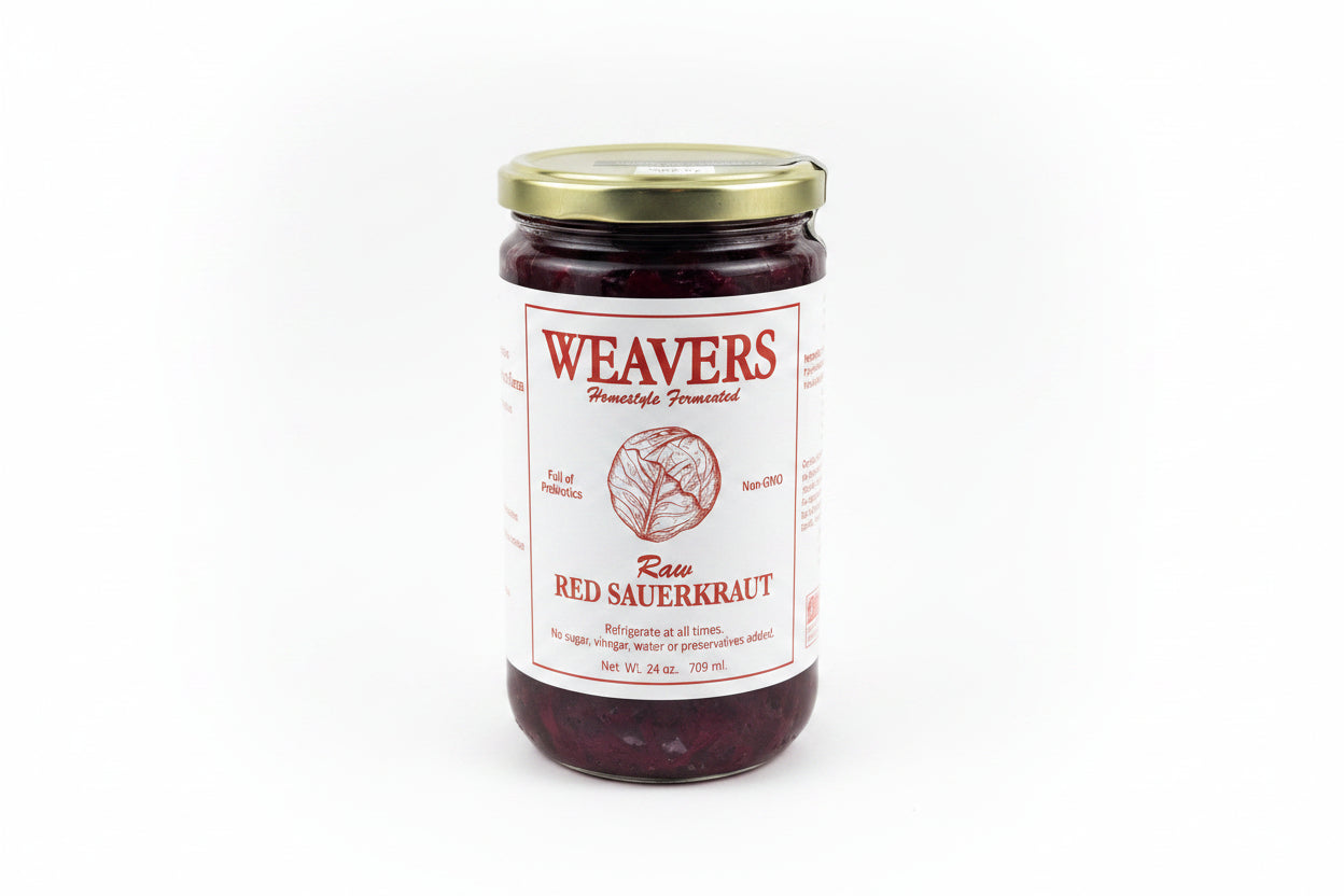 Jar of Weavers Red Sauerkraut on a white background