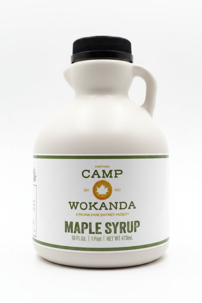 Camp Wokanda maple syrup bottle on a white background