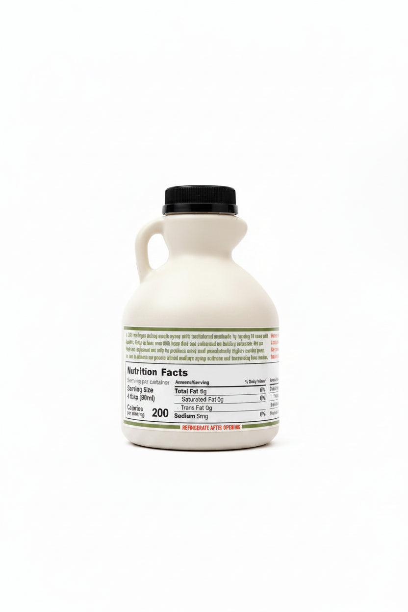 Bottle of maple syrup with nutrition facts label on a white surface