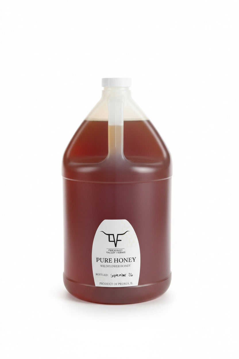 A large translucent plastic jug filled with dark amber honey, with a white cap and a front label reading 'PURE HONEY' and a logo. 