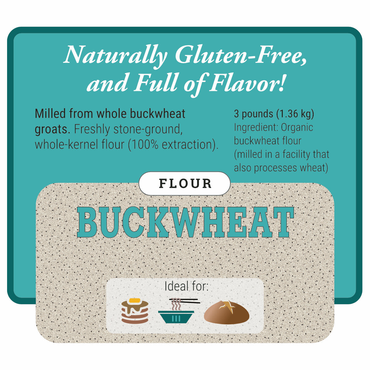 Buckwheat flour package with text about gluten-free and flavor properties on a teal background.