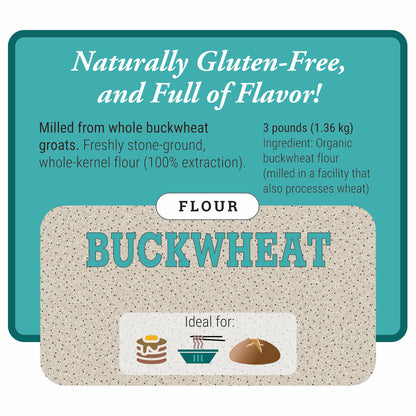 Buckwheat flour package with text about gluten-free and flavor properties on a teal background.