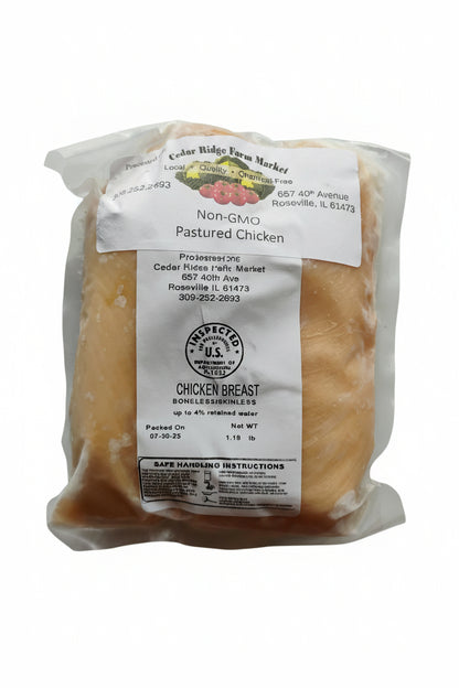 Packaged chicken breast with a label on a white background