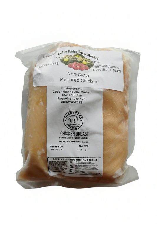 Packaged chicken breast with a label on a white background