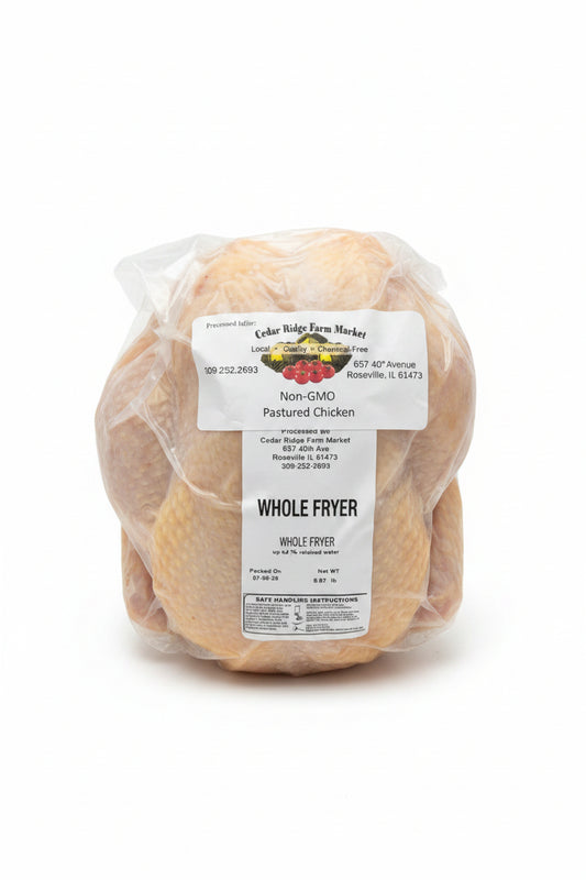 Packaged chicken with Cedar Ridge Farms label on a white background