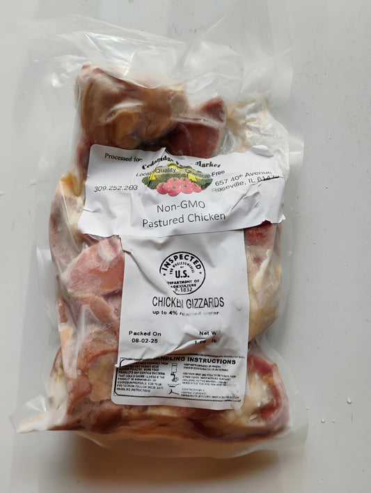 Packaged chicken gizzards with a label on a white background