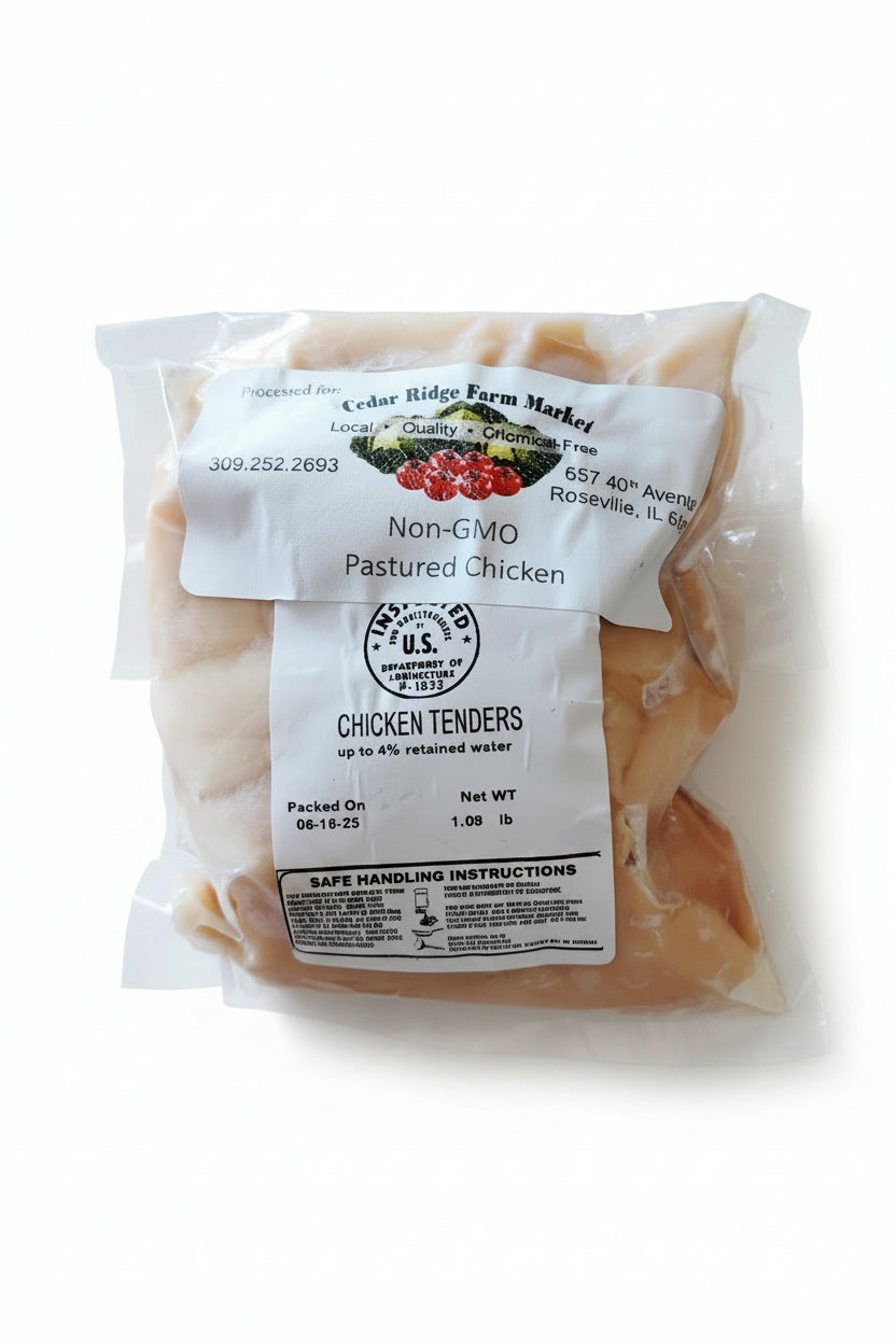 Packaged chicken on a wooden surface with labels