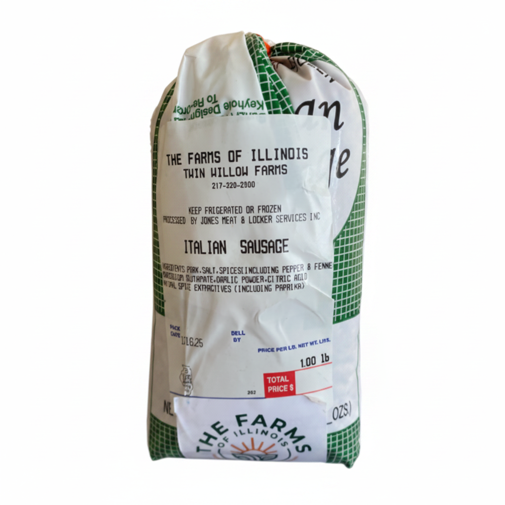 package of Italian sausage from The Farms of Illinois on a white background