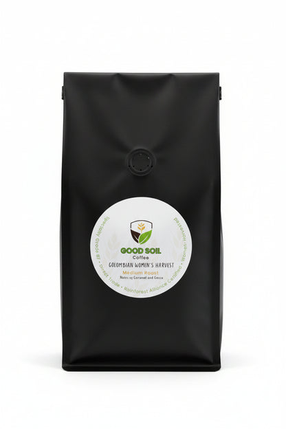 Black coffee bag with a visible brand label on a light surface