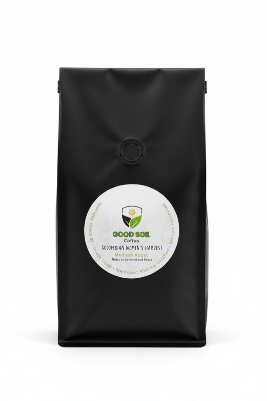 Black coffee bag with a visible brand label on a light surface