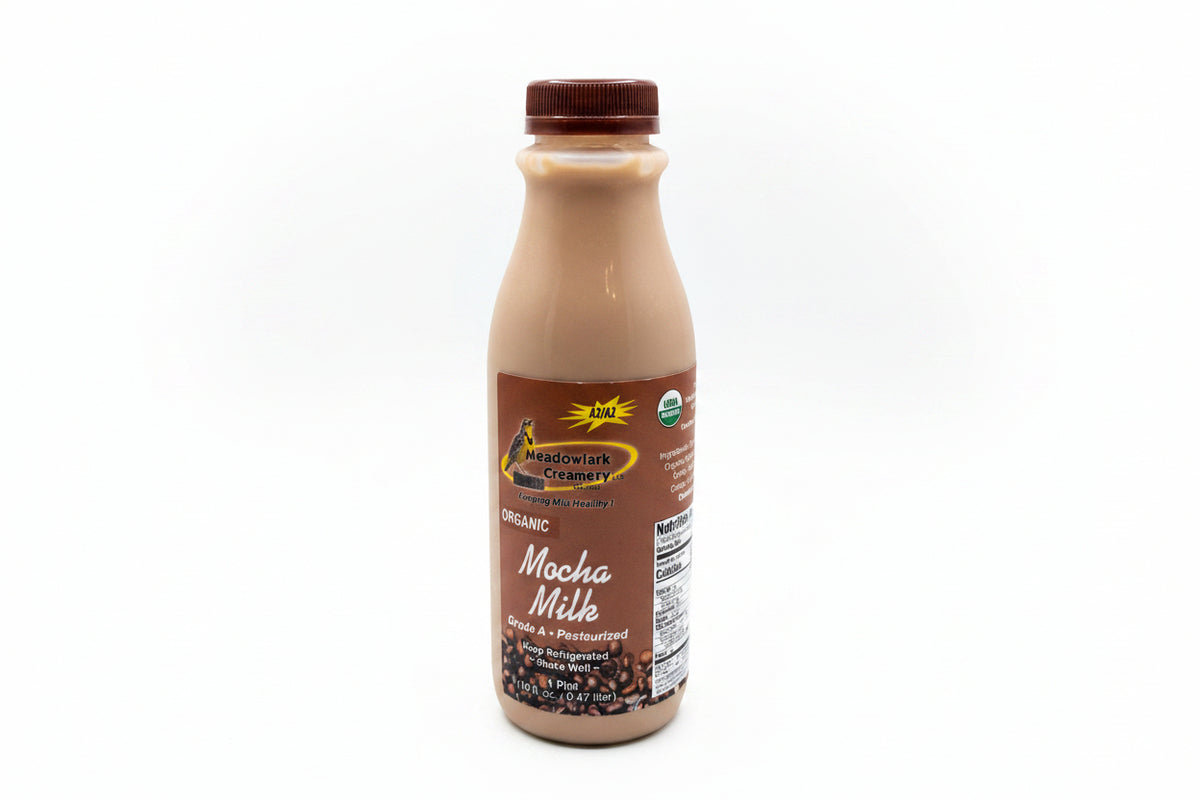 Bottle of Meadowlark Creamery Mocha Milk on a white background