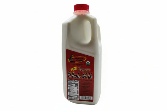 hallf galllon container of organic a2a2 whole milk with a red label on a white background