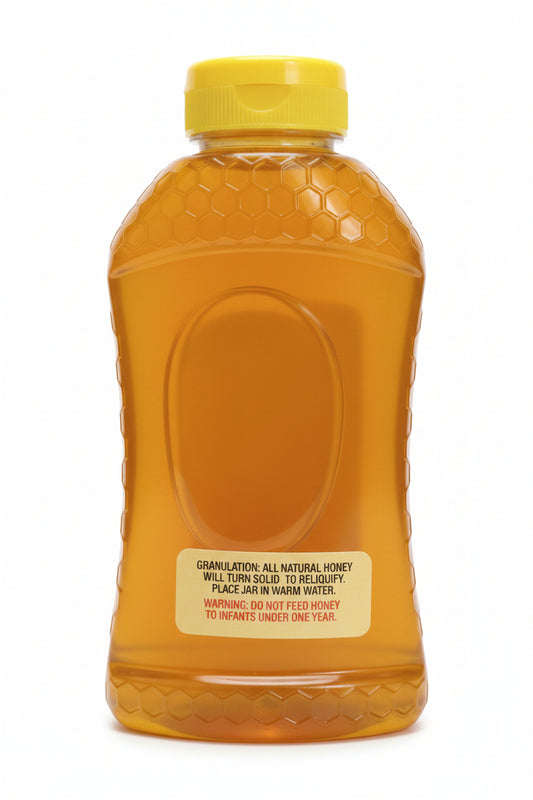 A plastic squeeze bottle of honey with a yellow cap, filled with golden honey, on a textured light gray surface.