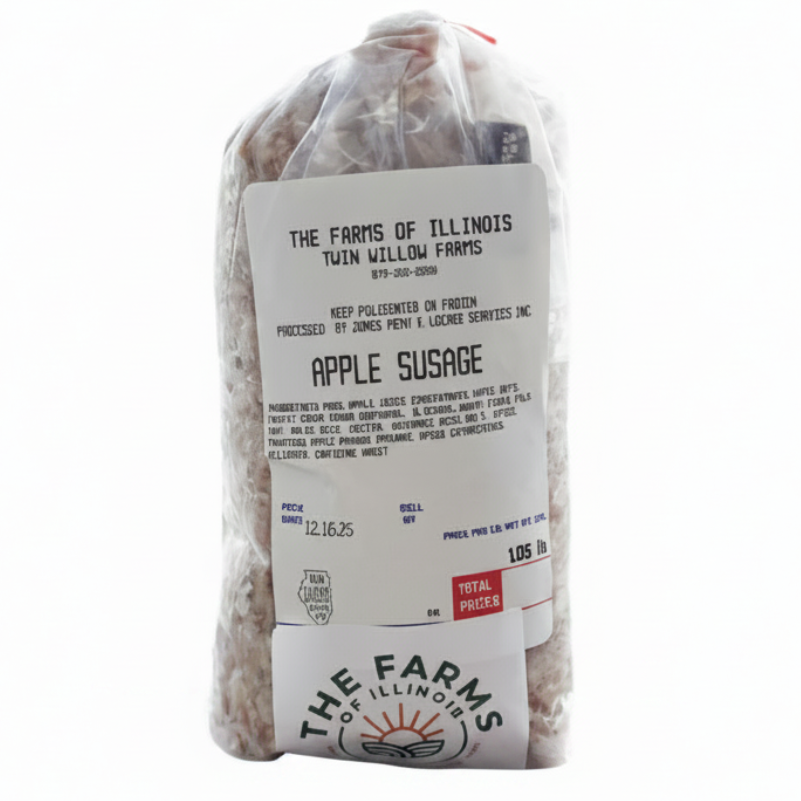 Package of Apple Sausage from The Farms of Illinois on a white background